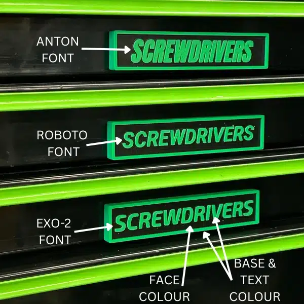 Automotive Accessories NA Custom Drawer Labels With Diagram Displaying Different Fonts and defining Face & Body Colour
