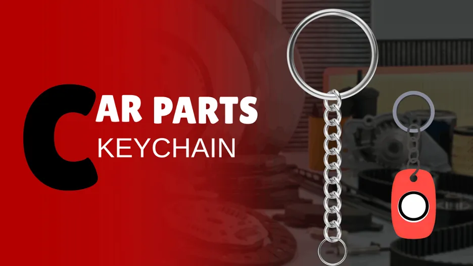 car parts keychain promotional banner showing automotive keychain accessory with chain ring and engine components background.