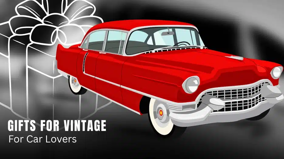 Vintage red classic car with gift box illustration representing best gifts for vintage car lovers.