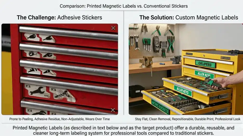 Comparison of printed magnetic labels vs adhesive stickers on toolbox drawers, showing peeling worn stickers on one side and clean reusable magnetic labels on an organized tool chest.