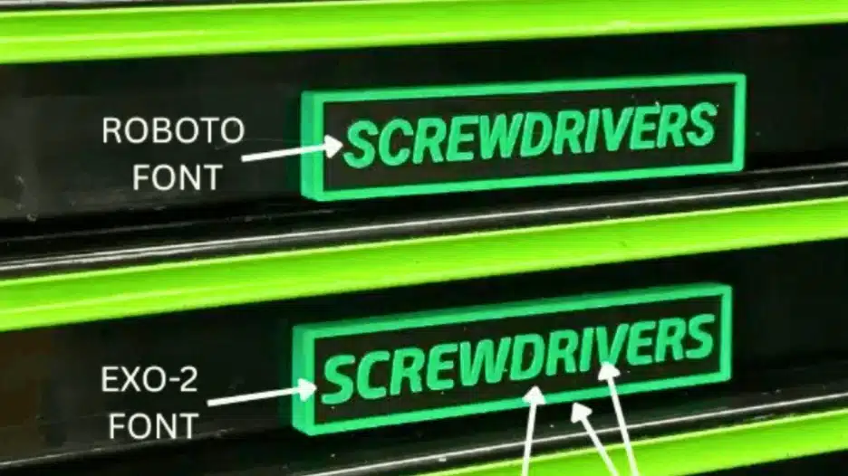 Custom magnetic toolbox labels displaying different font styles such as Roboto and EXO-2 on green label backgrounds, highlighting customizable text and design options for tool drawer organization.