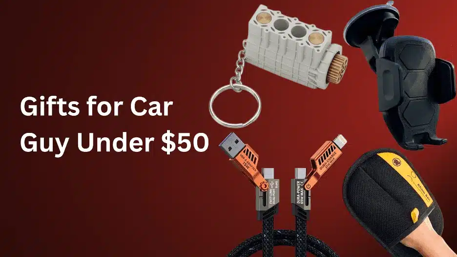 Gifts for car guys under $50 featuring a 4 cylinder engine keychain with moving pistons, dashboard phone holder mount, and 4 in 1 USB charging cable displayed on a red background.