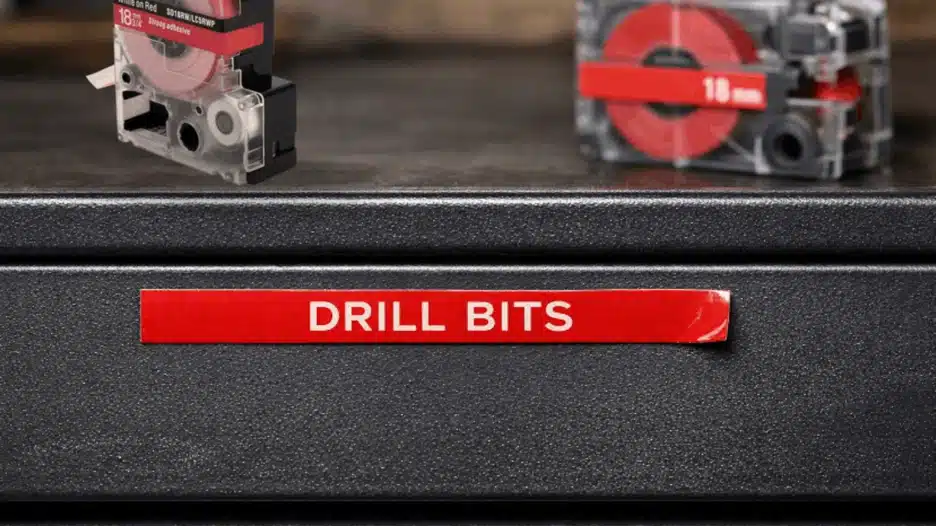 Close-up of a dark toolbox drawer labeled with a narrow red laminated tape reading “DRILL BITS,” with two red label-tape cartridges blurred in the background on the work surface.