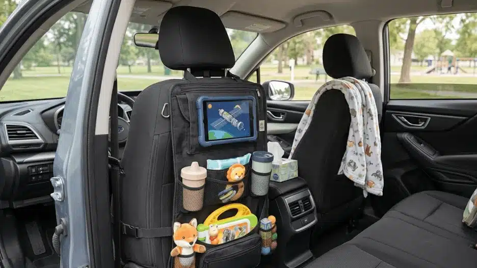 Backseat car organizer attached to front seat with multiple storage pockets holding tablet bottles toys and essentials to keep car interior clean and organized.