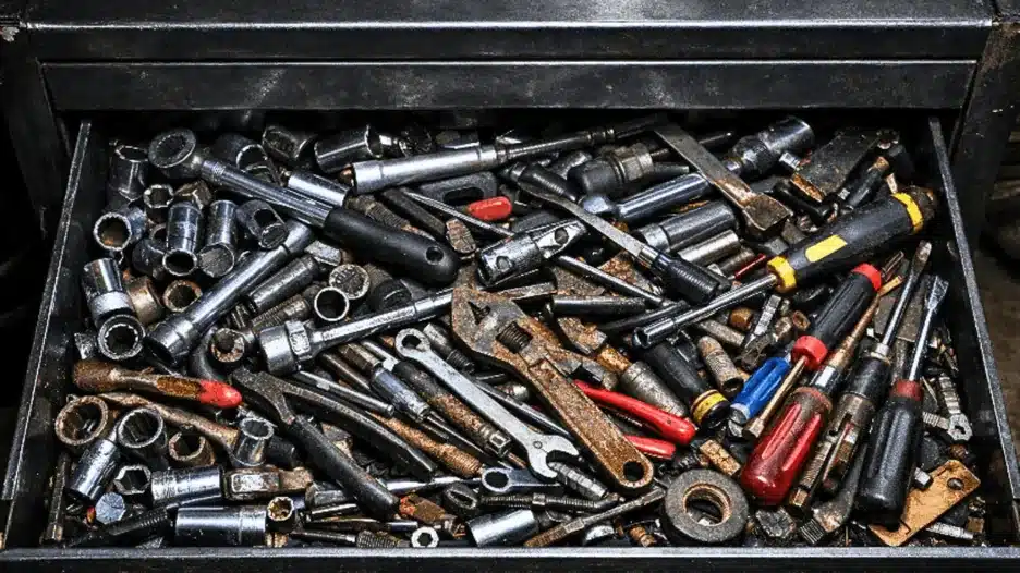 Messy and disorganized open toolbox drawer with unsorted hand tools and no labels.