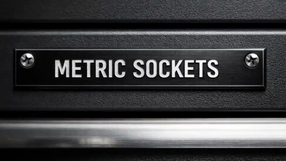 lose-up of a black metal plate label reading “METRIC SOCKETS,” attached to a toolbox drawer with two visible screws, showing a permanent engraved-plate style label.