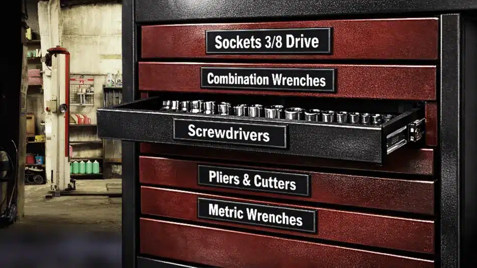 An organized dark metal toolbox drawers featuring custom printed magnetic labels.