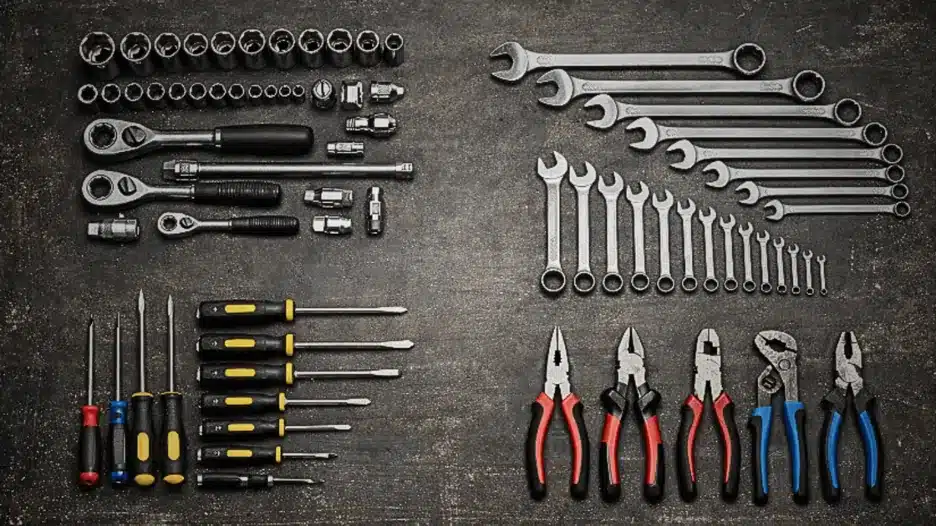 Various hand tools including sockets and wrenches grouped by category on a dark metal workbench.