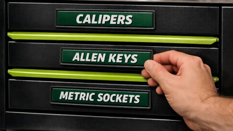 Close-up of three black toolbox drawers with neon green handles and green label inserts reading “CALIPERS,” “ALLEN KEYS,” and “METRIC SOCKETS,” with a hand sliding the “ALLEN KEYS” label.