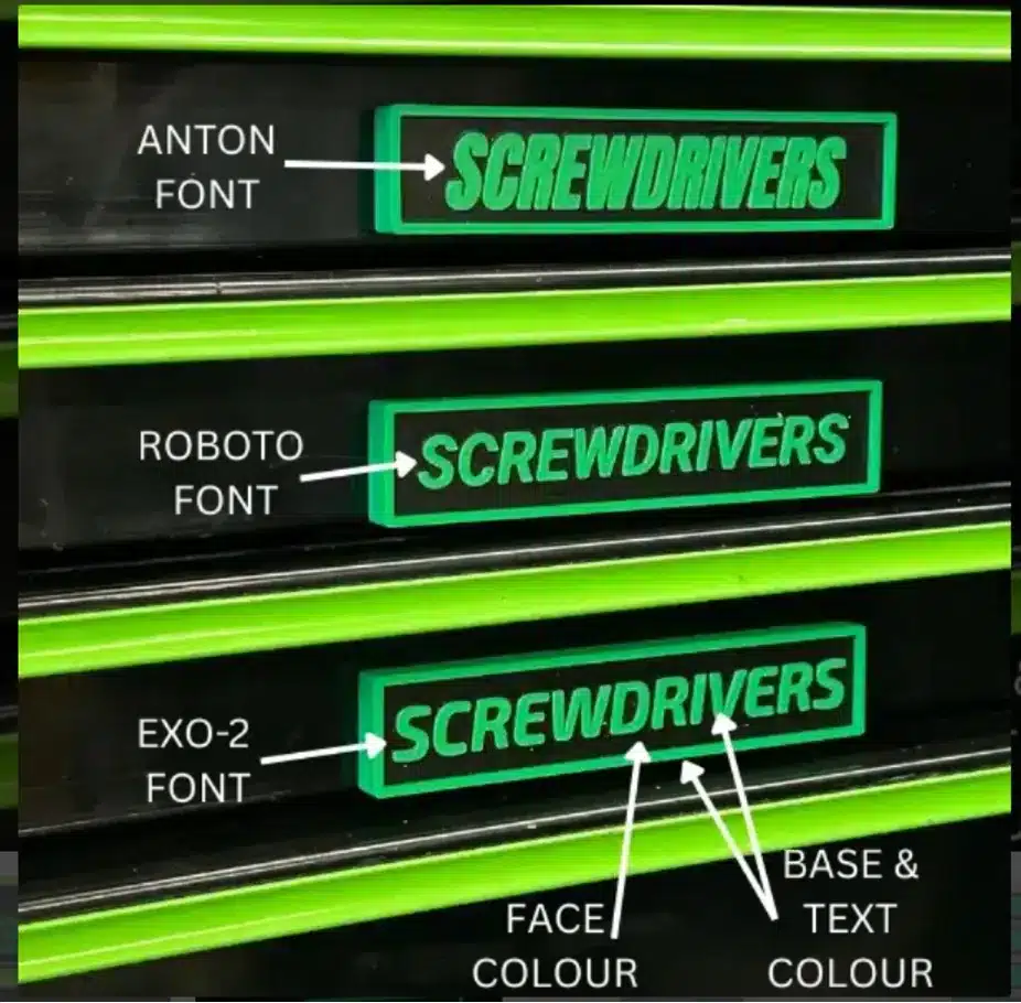 Comparison of three custom magnetic toolbox labels in different green high-contrast colors with different fonts indications.