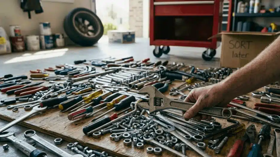 A realistic photograph of a jumbled assortment of tools spread across a garage floor during a cleanup. A hand reaches for an adjustable wrench from the pile, with a red tool chest and a "SORT later" box visible in the background.