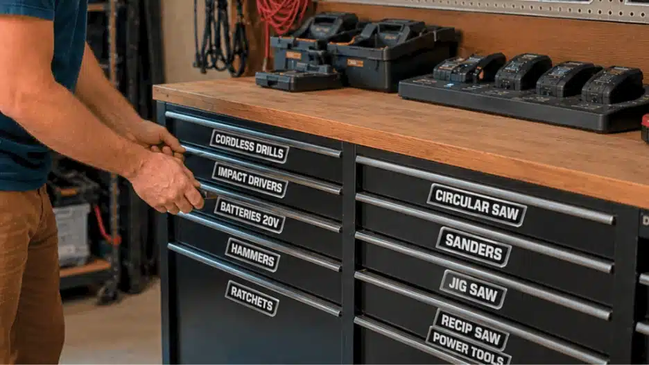 Man labeling toolbox drawers and pegboard wall zones in a clean garage workshop, with organized power tools, charging stations, extension cords, and custom black-and-white tool labels creating a long-term DIY storage system.