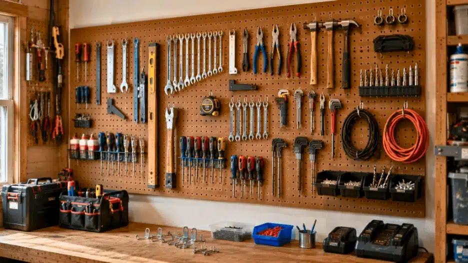 Large garage pegboard tool wall with hand tools and accessories organized by category, including screwdrivers, wrenches, pliers, hammers, extension cords, drill bits, and storage bins mounted above a wooden workbench.