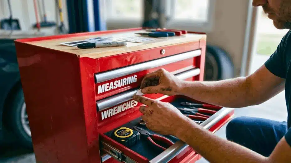 A close-up, candid shot of a person with grease-stained hands applying a white "WRENCHES" label to a red metal toolbox drawer. The top drawer already has a "MEASURING" label. The scene is set in a garage with a shallow depth of field, focusing on the hands and the labeling process.