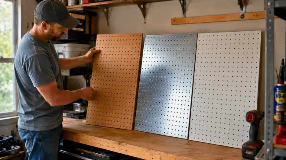 DIY garage workspace showing a person evaluating pegboard materials, with brown hardboard, silver metal, and white plastic pegboard panels lined up side by side on a workbench for comparison.