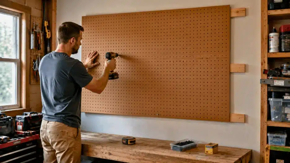 Person mounting a large brown pegboard panel onto wooden furring strips in a garage workshop, using a drill to secure the board above a wooden workbench during installation.