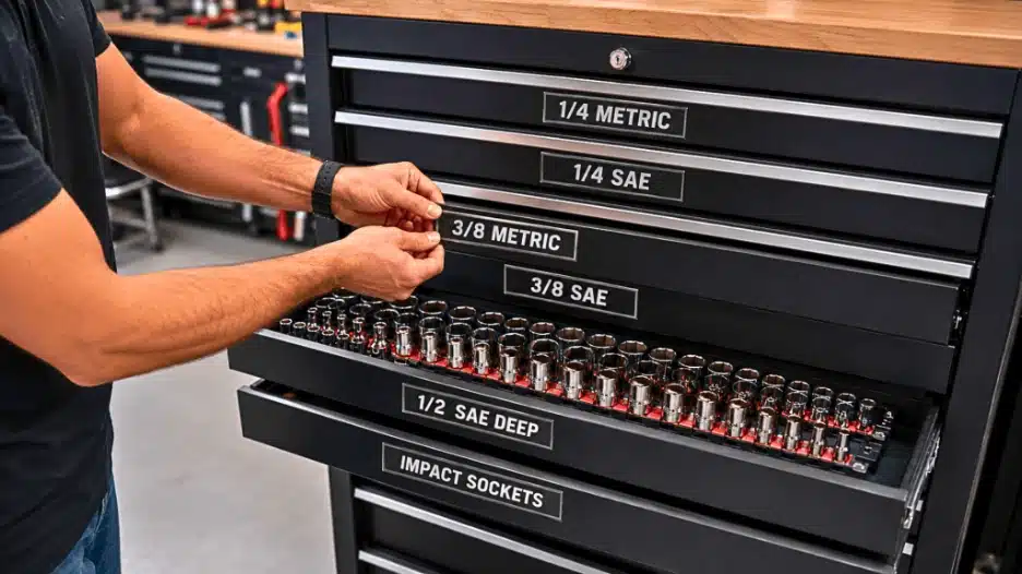 Mechanic applying printed magnetic labels to organized toolbox drawers filled with chrome sockets in a clean matte-black tool chest inside a modern professional garage workshop.