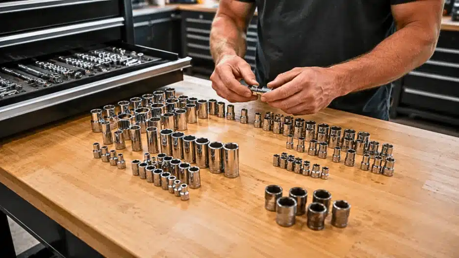 Mechanic sorting chrome SAE and metric sockets by size on a wooden workbench beside an open black toolbox drawer in a clean professional garage workshop.