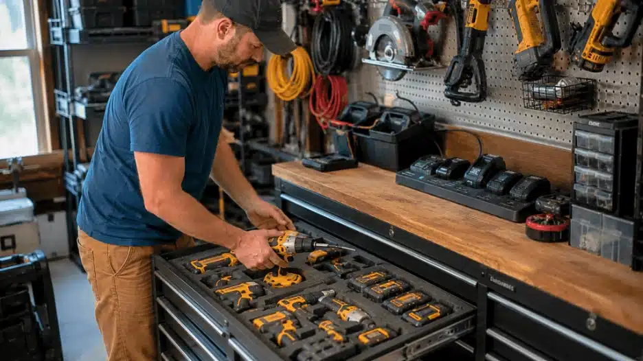 Man organizing cordless drills and battery packs inside foam drawer inserts in a garage workshop, with pegboard-mounted power tools, charging docks, extension cords, and a wooden workbench creating a clean and efficient DIY tool storage setup.