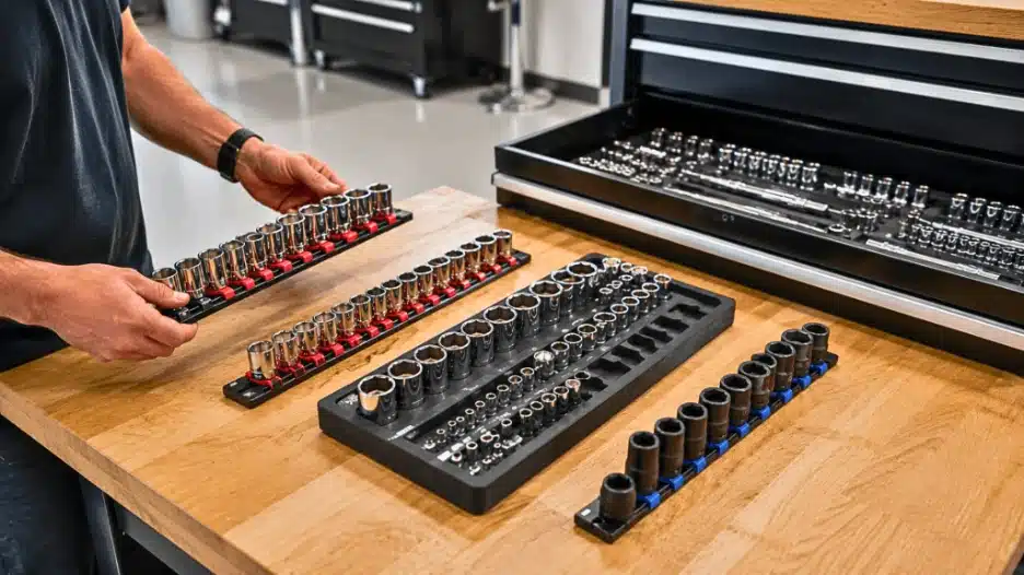 Mechanic organizing chrome and impact sockets using socket rails and molded trays on a wooden workbench beside an open matte-black toolbox in a clean modern garage.