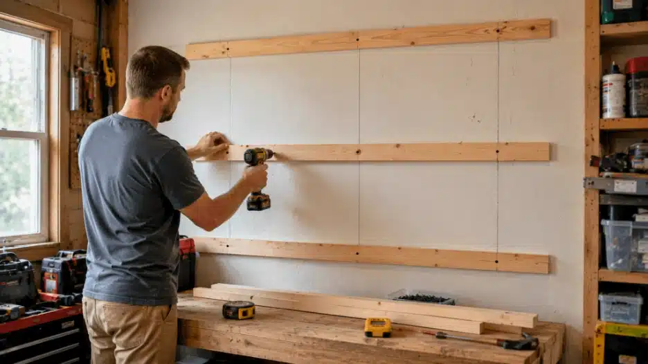 Person installing wooden furring strips onto a garage wall using a drill, with stud marks, lumber pieces, and tools arranged on a workbench during pegboard wall preparation.