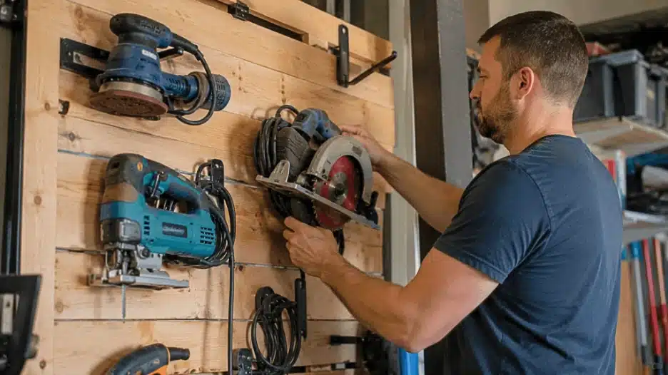 Man mounting a circular saw onto a wooden garage tool wall with organized hanging power tools, including a jigsaw and sander, in a realistic DIY workshop setup with natural lighting and visible cord management.