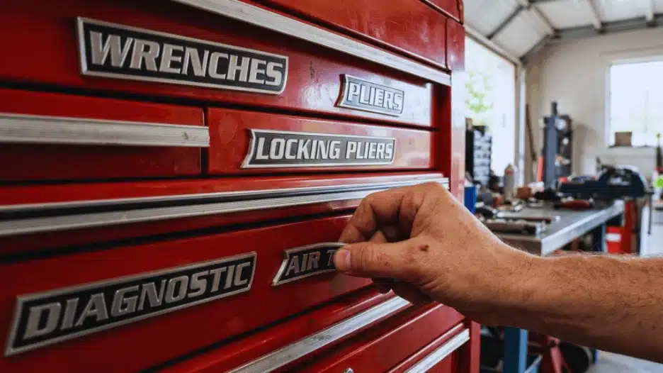 Close-up of organized tool box drawers labeled with magnetic labels for tools.