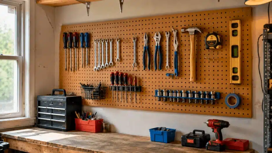 Organized garage pegboard tool wall mounted above a wooden workbench, featuring grouped hand tools including screwdrivers, wrenches, pliers, hammer, level, socket set, and storage accessories arranged by category in a clean DIY workshop space.