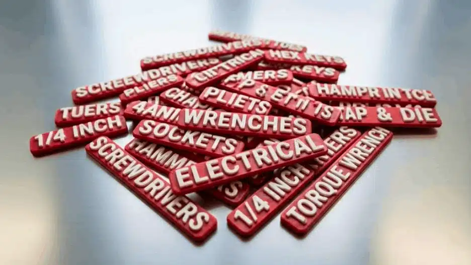 A high-angle photograph showing a jumbled pile of red magnetic tool labels with raised white text, such as "ELECTRICAL," "WRENCHES," and "SOCKETS," resting on a clean, brushed stainless steel surface.
