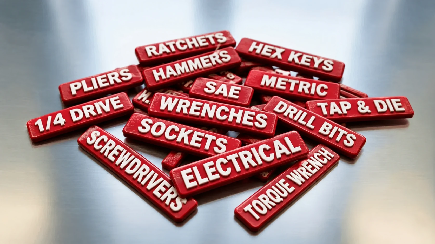 A high-angle photograph showing a jumbled pile of red magnetic tool labels with raised white text, such as "ELECTRICAL," "WRENCHES," and "SOCKETS," resting on a clean, brushed stainless steel surface.