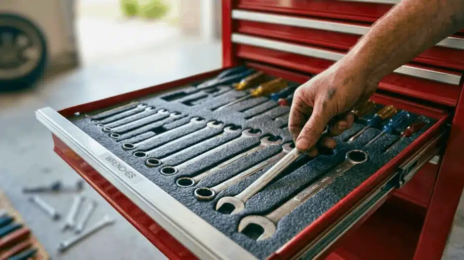 A realistic shot of a hand placing a wrench into a custom foam organizer inside a red toolbox drawer.