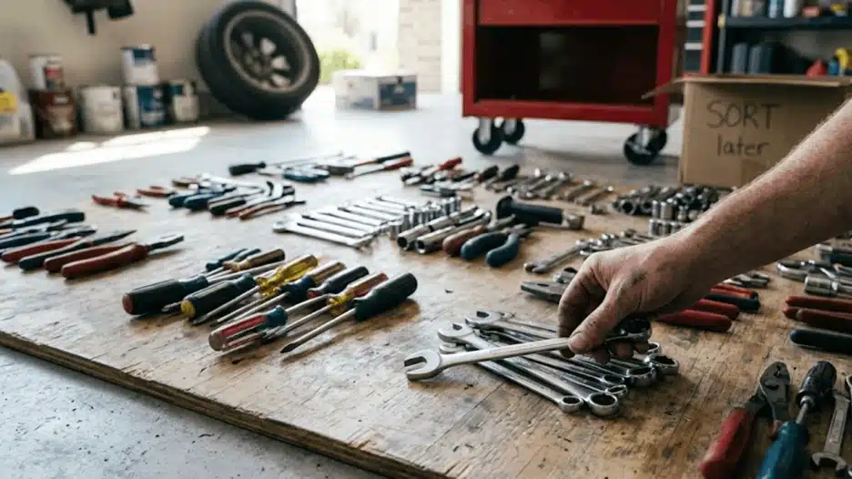 A wide shot of a garage floor with tools spread out in various categories on a wooden board. A hand picks up a wrench, with a red tool chest in the background.