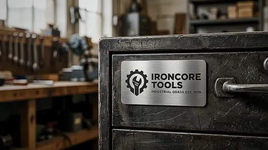 Logo on a toolbox, in a garage background.
