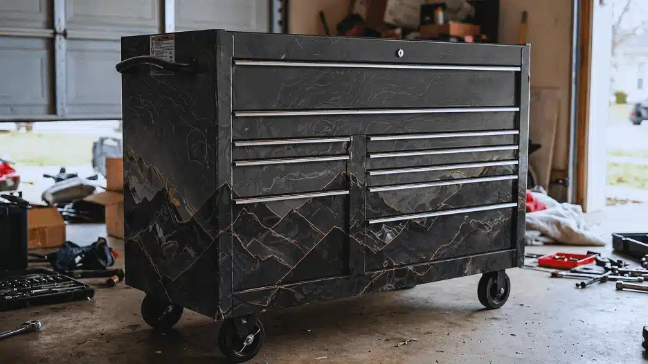 Black tool box with custom vinyl wrap featuring mountain design in garage workshop.