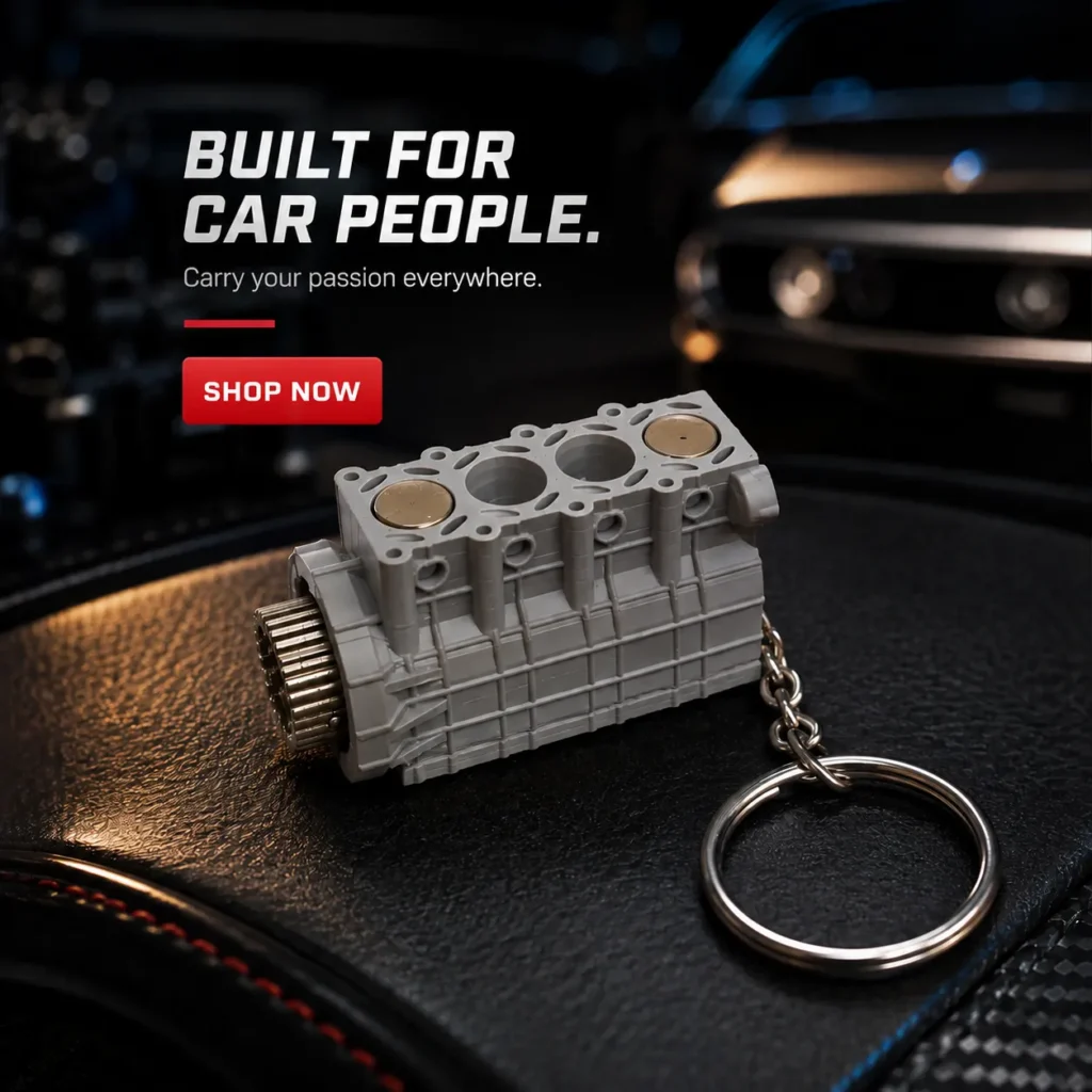 Automotive Accessories NA Grey & Gold 4 Cylinder Engine Keychain With Car Background.