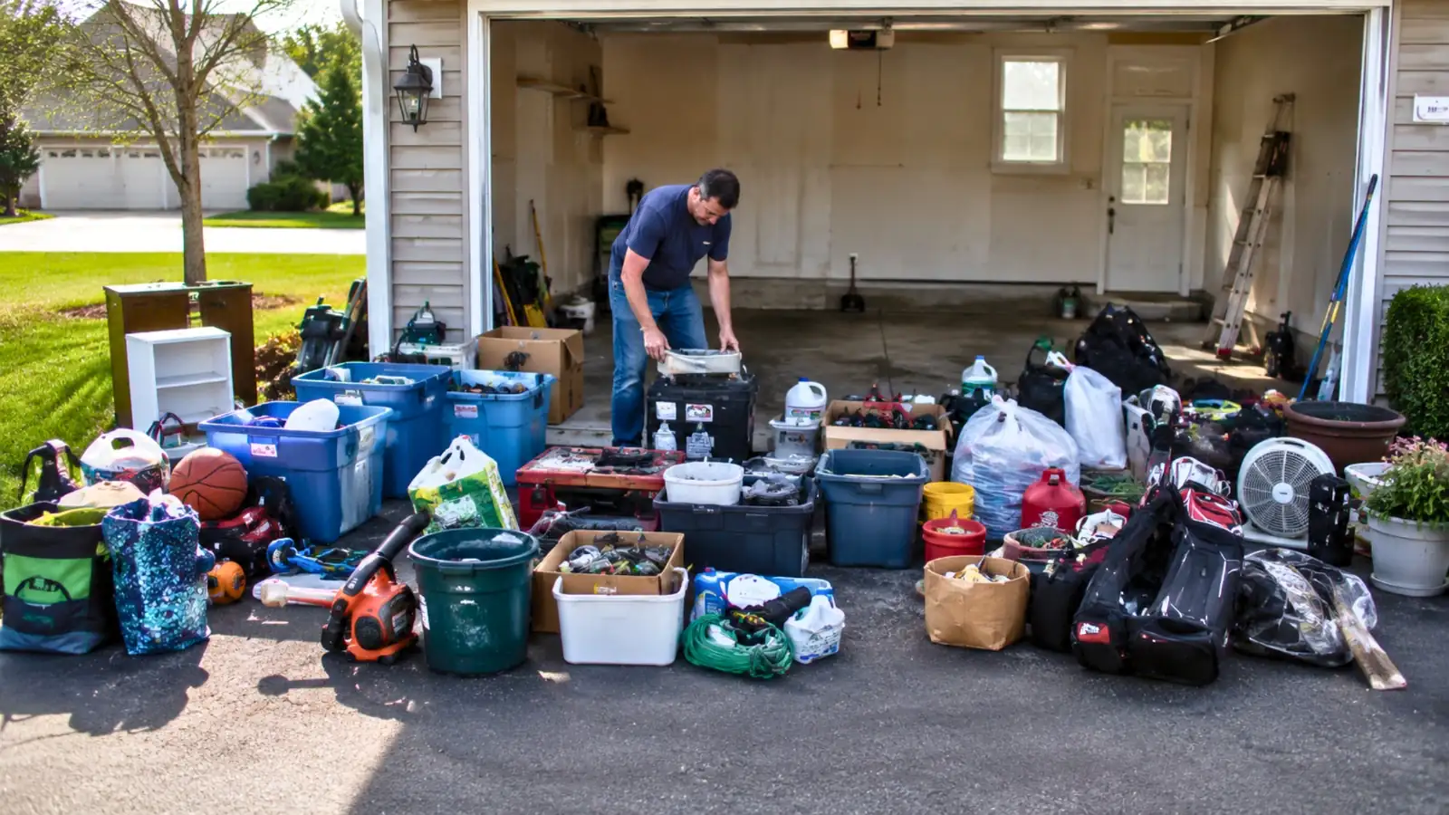 Homeowner sorting garage clutter on a driveway after emptying a small garage, with storage bins, tools, sports equipment, and household items spread into organized piles before reorganizing the space.