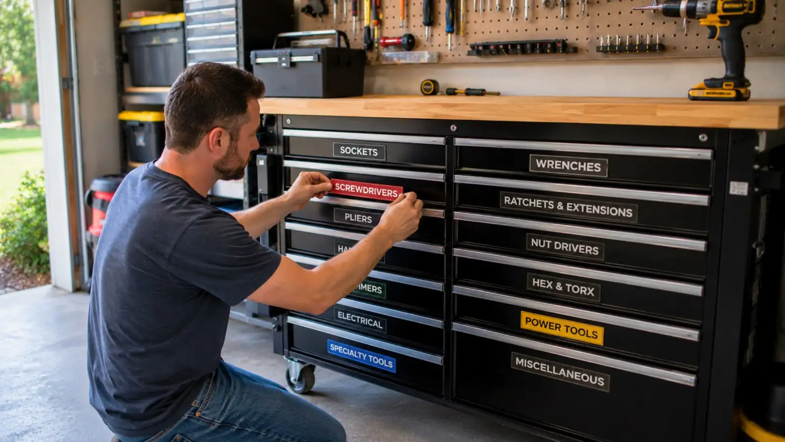 Person labeling toolbox drawers in an organized garage workshop, applying a magnetic drawer label to a black tool chest with categorized storage for screwdrivers, wrenches, sockets, and power tools.