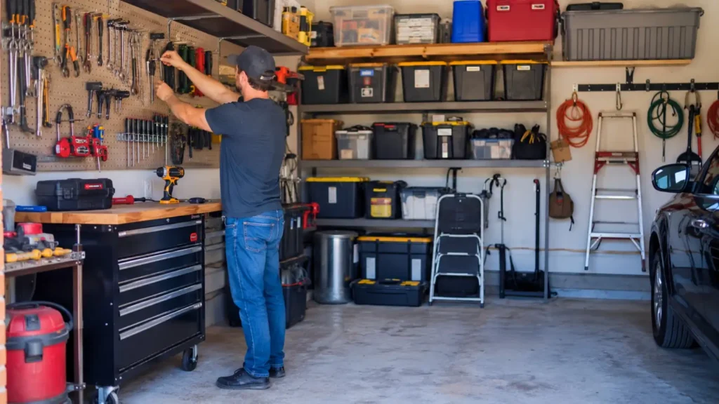 Person organizing a small garage by hanging hand tools on a wall-mounted pegboard beside a workbench and toolbox, with storage shelves, bins, ladder, and a parked car in a clean, organized garage.