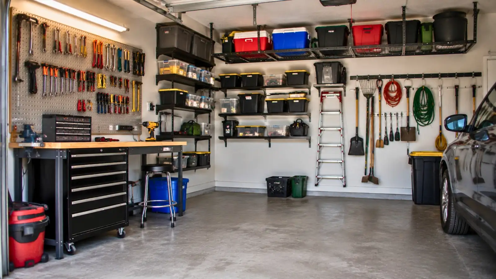 Well-organized small garage with a pegboard tool wall, workbench, overhead storage racks, wall-mounted shelves, hanging garden tools, and a clear floor space beside a parked car.