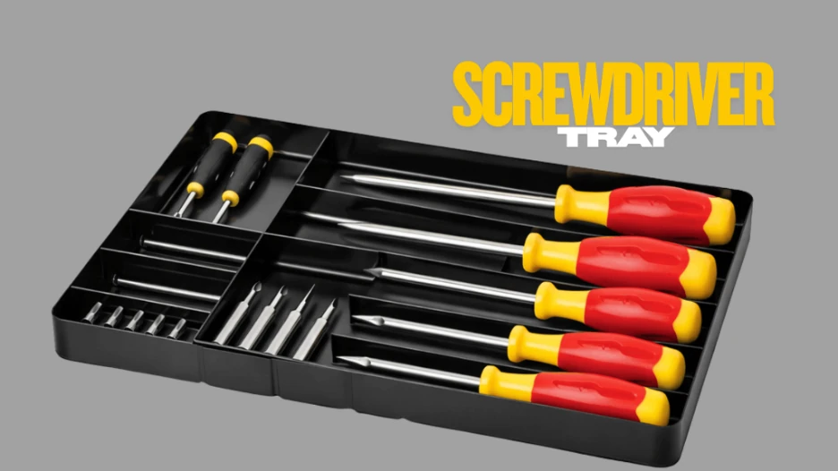 Black screwdriver tray with fixed slots organizing precision and standard screwdrivers in a clean product display on a light gray background.