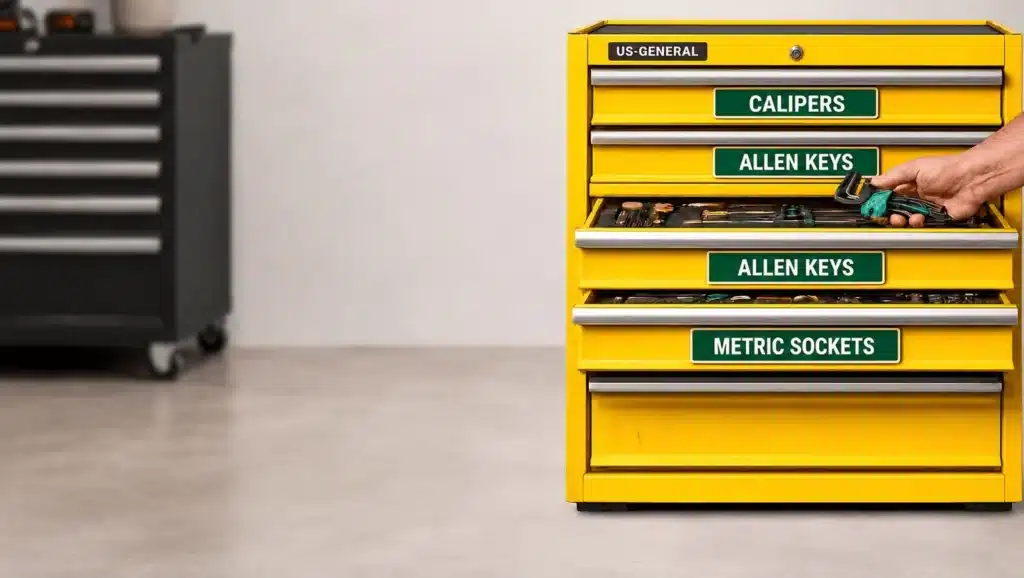 Yellow toolbox with custom printed magnetic drawer labels for organized tool storage, highlighting a clean, professional, and easy-to-update labeling system.