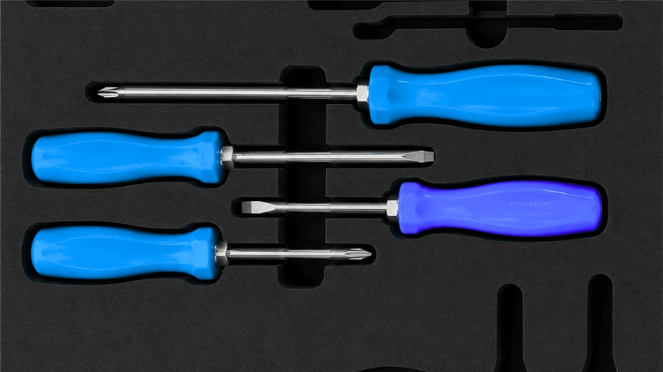 Foam toolbox insert with blue-handled screwdrivers stored in custom-cut slots for secure organization.