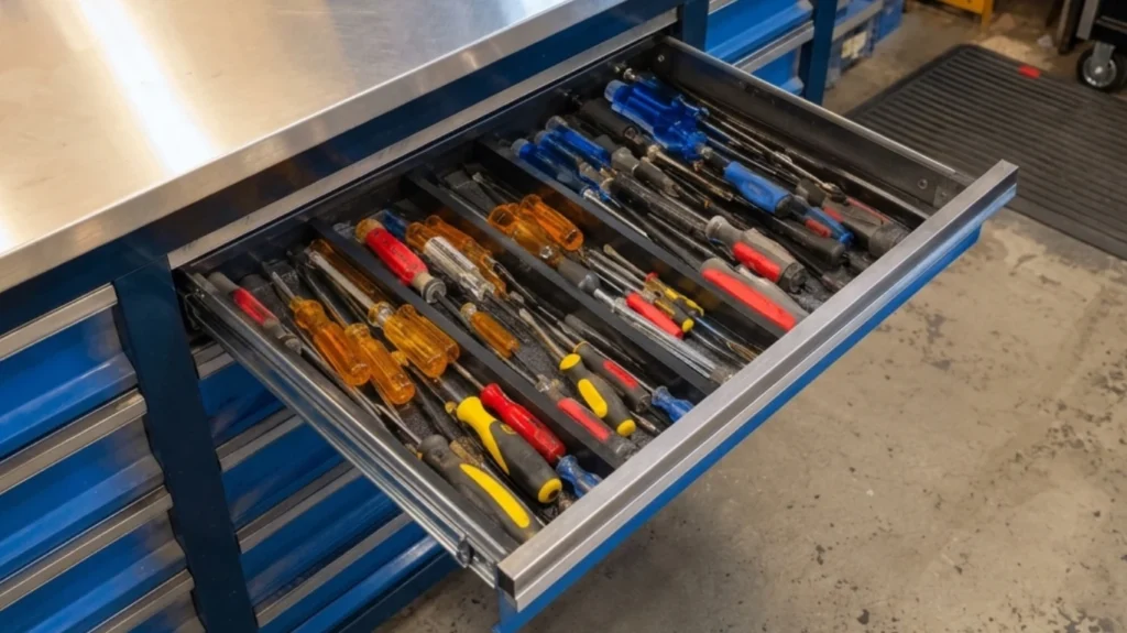 Toolbox drawer with screwdrivers neatly organized in storage rails for efficient tool organization.