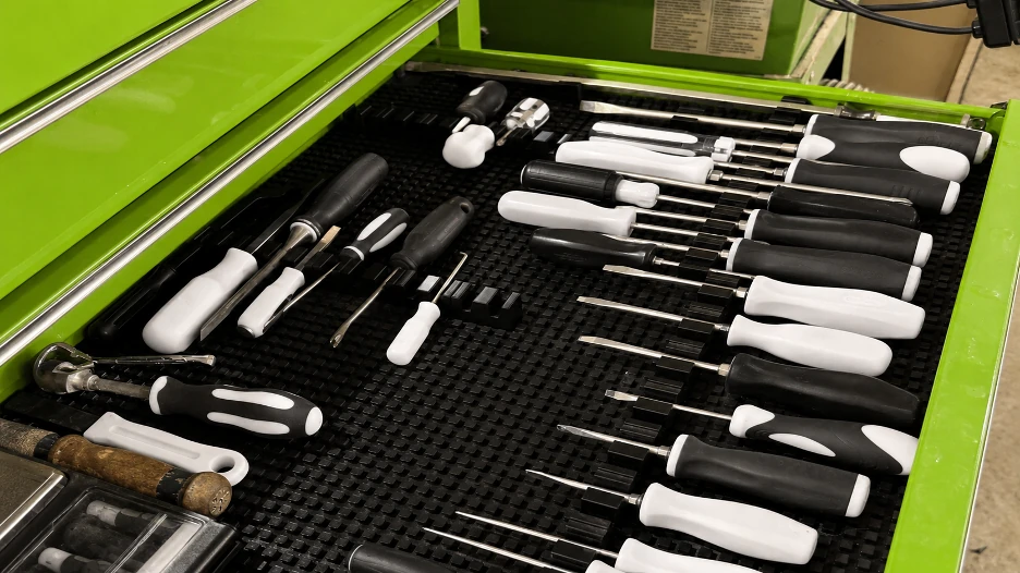 Green toolbox drawer featuring a modular screwdriver organizer with black and white handled screwdrivers.