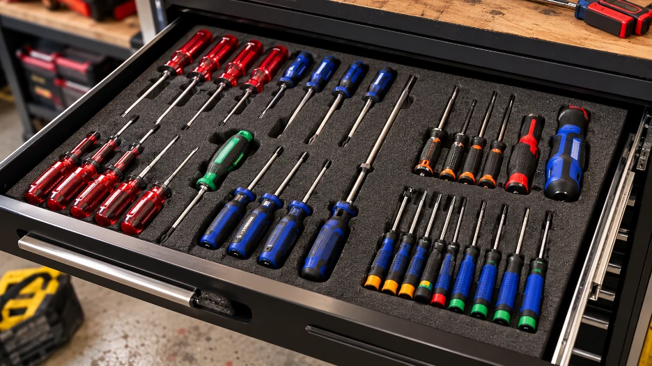 Foam toolbox drawer insert with custom-cut slots keeping screwdrivers organized by size for secure storage and quick access.