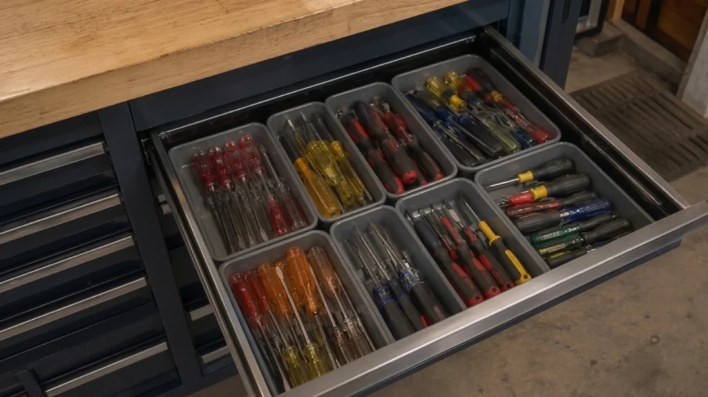 Toolbox drawer with screwdrivers sorted into storage trays for organized tool storage.