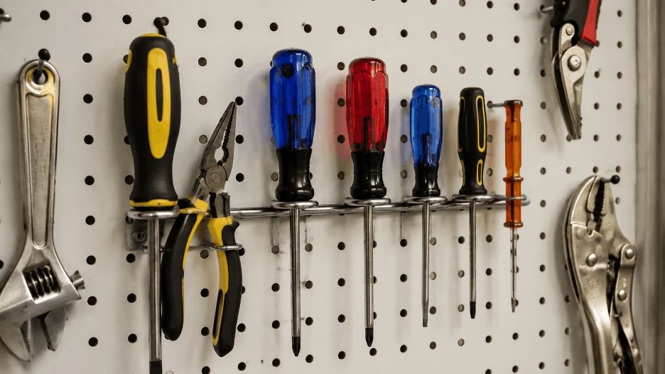 Screwdrivers and hand tools neatly hanging on a metal pegboard organizer in a workshop.