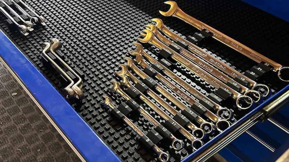 Automotive Accessories NA wrench modules clipped into the modular mat with built-in white-on-black size labels.