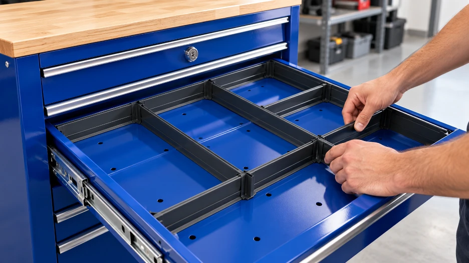 Adjustable dark gray drawer dividers being fitted inside an open blue toolbox drawer to create separate compartments for organizing tools.