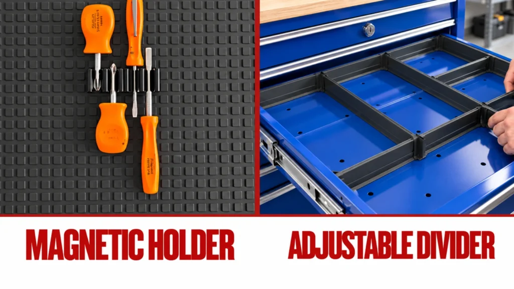 Magnetic screwdriver holders vs adjustable drawer dividers, showing screwdrivers arranged on a black modular tool mat beside adjustable dividers in a blue toolbox drawer.